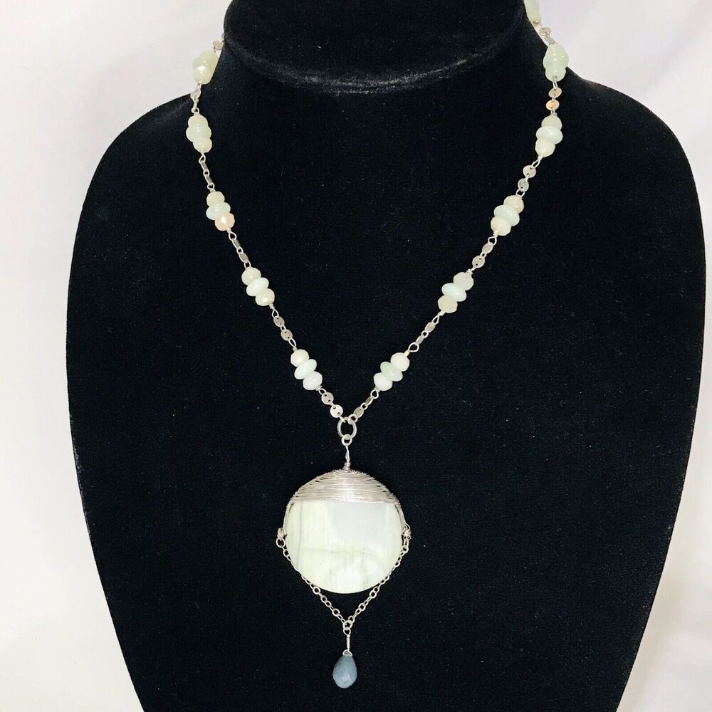 Artisan 925 Sterling Agate Quartz Jasper Necklace Pendant Wire Wrap 17 in
